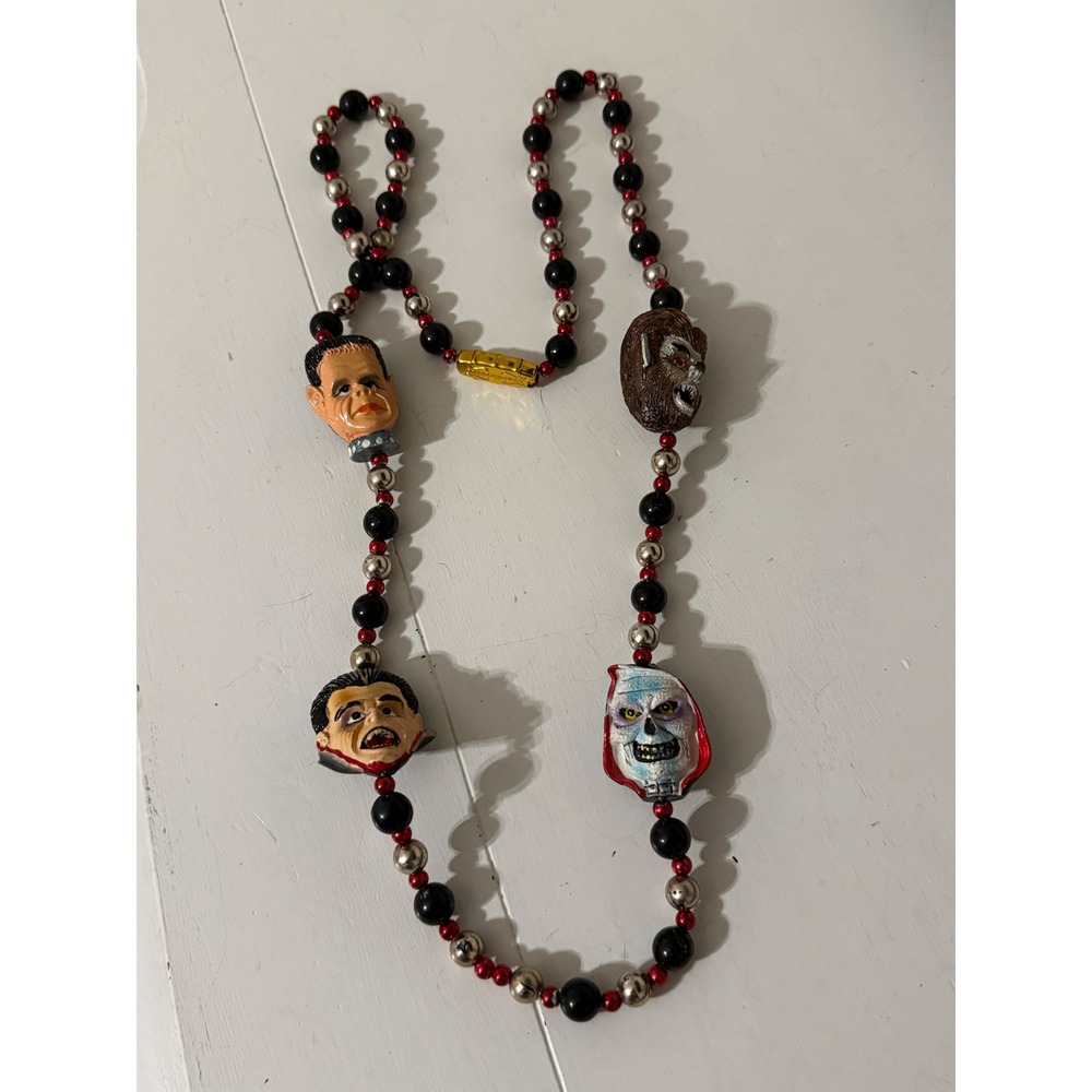 Vtg Mardi Gras Imports Monster Head Beaded Necklace Horror Halloween Characters